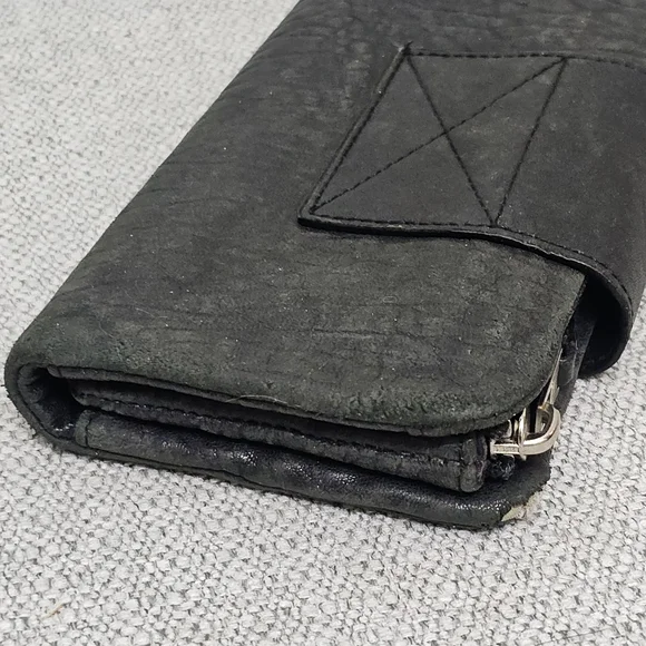 AllSaints Black Distressed Leather Tri Fold Wallet Zip Pocket - Picture 4 of 11